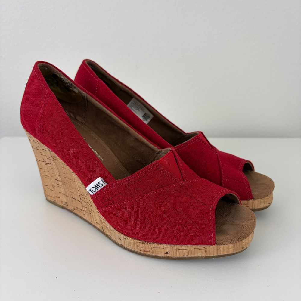 TOMS Red Canvas Cork Wedge Sandals Peep Toe Heels Womens 7.5 Preppy Resortwear
